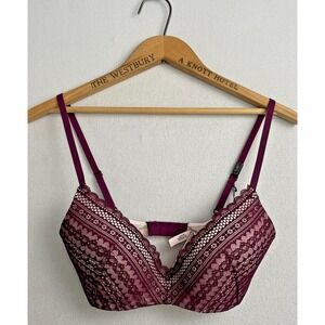 Victoria's Secret Lined Lace Wireless Bra 32 DD Burgundy Red Adjustable Plunge‎
